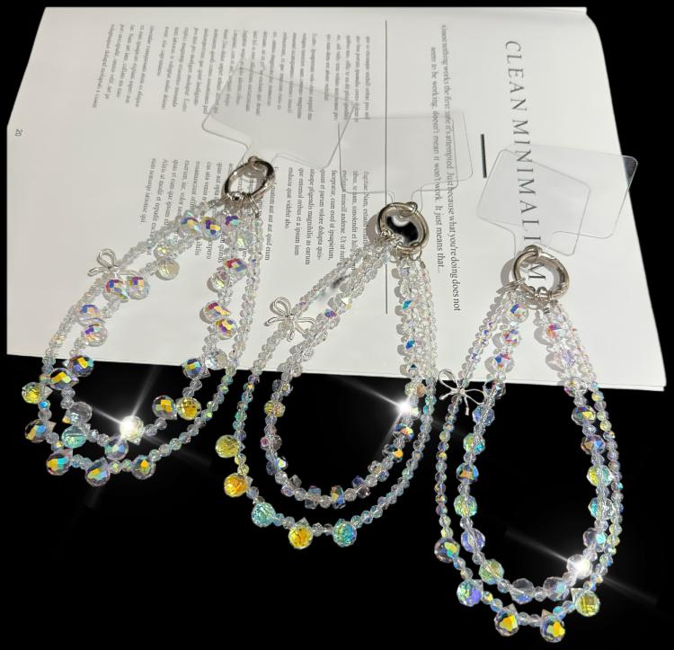 Sparkly Alloy Bow Crystal Double-Layer Phone Chain, Oval Crystal, Cushion Round Crystal, Wheel Crystal, Cube Sugar Crystal, Flower Ball Crystal, Strawberry Crystal