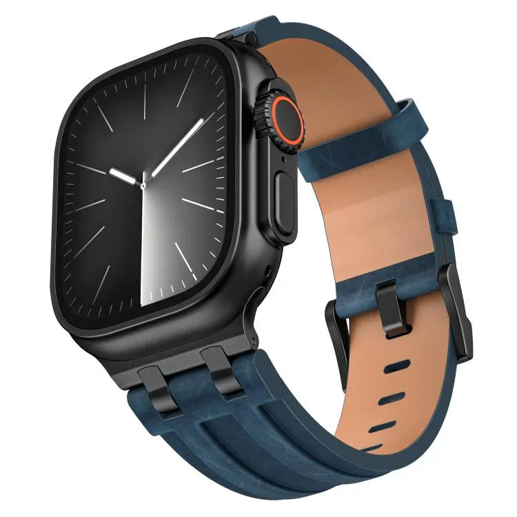 Crazy Horse Vegan Leather Stainless Steel Black Buckle Watch Band, For Apple Watch 46mm / 49mm / 45mm / 44mm