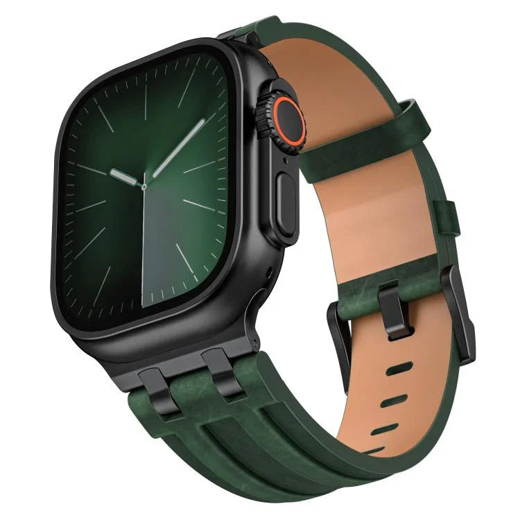 Crazy Horse Vegan Leather Stainless Steel Black Buckle Watch Band, For Apple Watch 46mm / 49mm / 45mm / 44mm