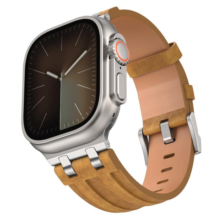 Crazy Horse Vegan Leather Stainless Steel Silver Buckle Watch Band, For Apple Watch 46mm / 49mm / 45mm / 44mm