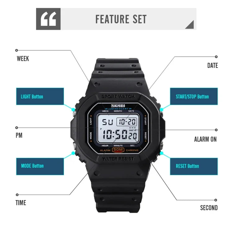 Skmei 1608 Multi-Function Student Electronic Watch Waterproof Timing Silicone Sports Watch