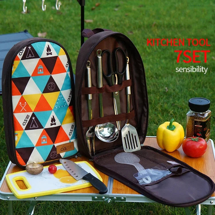CLS 7-In-1 Outdoor 201 Stainless Steel Cookware Set Picnic Kitchenware Portable Handbag Picnic Bag, 7 in 1 Coffee, 7 in 1 Triangle Pattern