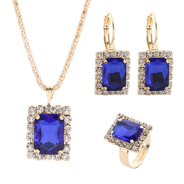 Square Crystal Necklace Earrings Ring For Women Jewelry Sets, Red, Green, Black, White, Royal Blue, Lake Blue