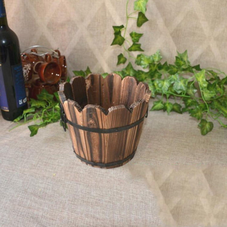 Balcony Vegetable Succulent Carbonized Wood Flower Pot Retro Small Wooden Bucket Home Decoration, S Flat Mouth, M Flat Mouth, L Flat Mouth, S Wave Mouth, M Wave Mouth, L Wave Mouth