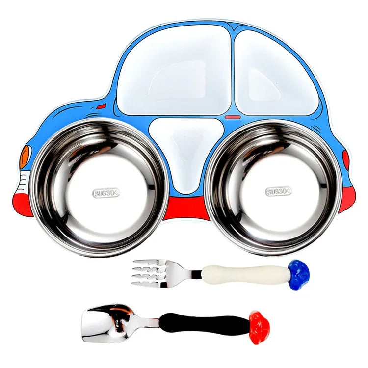 304 Stainless Steel Children Car Dinner Plate, Blue, Blue (removable and washable)
