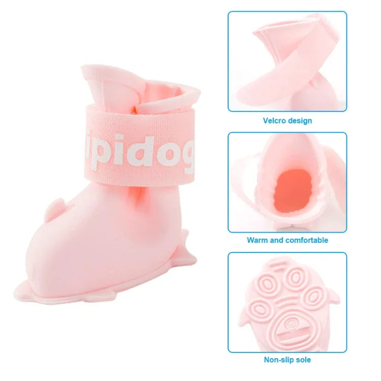 Waterproof cartoon dog shoes in pink, featuring velcro design and non-slip sole for comfort and stability.