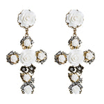 1 Pair Baroque Rose Flower Cross Long Earrings Vintage Earrings, White, Red, Black