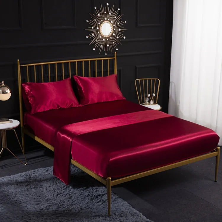 Home Ice Silk Simulation Silk Four-Piece Pillowcase Flat Sheet Fitted Sheet Set, US-Full/UK-D:138x190x35cm, US-Queen/UK-K:153x203x35cm, US-King:198x203x35cm, UK-SK:180x200x35cm, US-King: 198x203x35cm