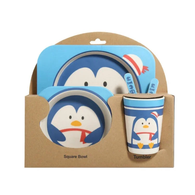 Baby Dish Tableware Set Cartoon Fork Feeding Dishes for Kids Utensils Natural Bamboo Fiber Bowl With Cup Spoon Plate