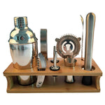 10 in 1 Stainless Steel Shaker Bamboo Stand Set Oblique Mouth Bar Cocktail Bartending Tool, 350ml, 550ml, 750ml