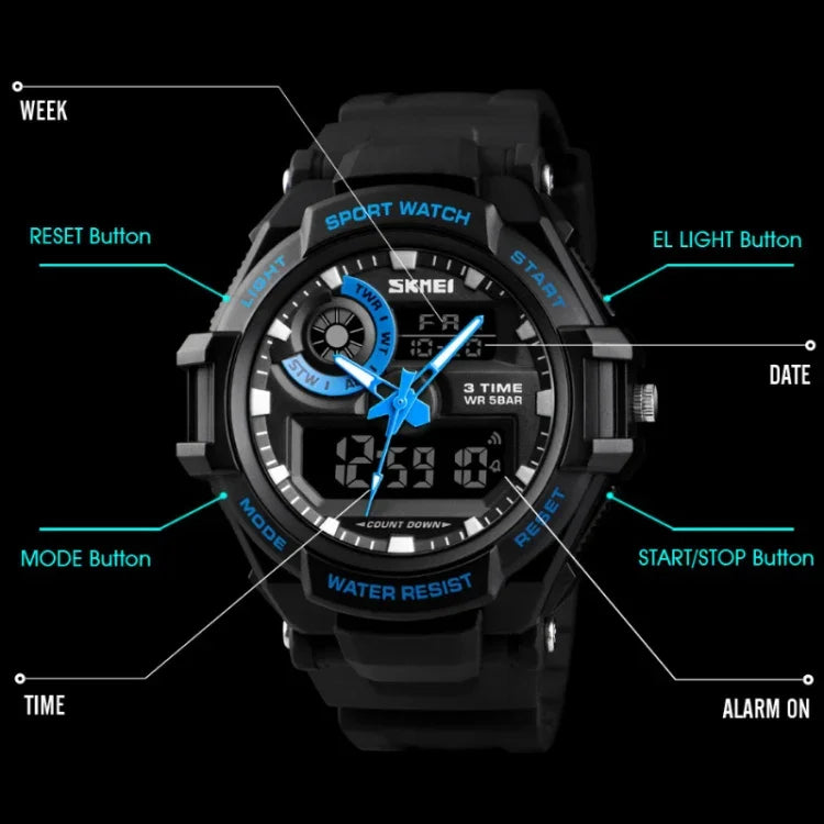 SKMEI 1357 Mens Multifunctional Sports Digital Watch Student Waterproof Watch, Red, Blue, Black