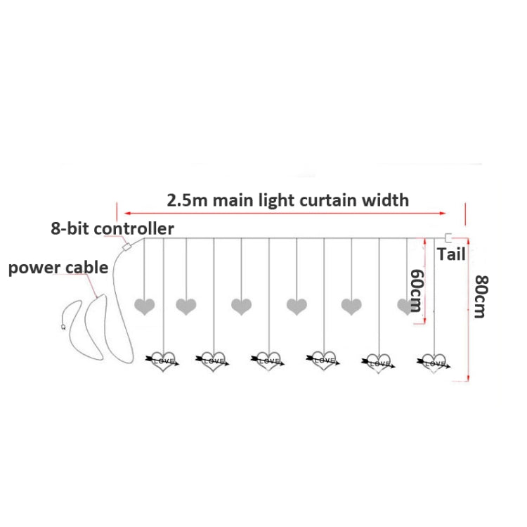 LED Heart-Shaped Decorative Lights Curtain Lights Holiday Dress String Lights, EU Plug, Warm White Light, Colorful Light