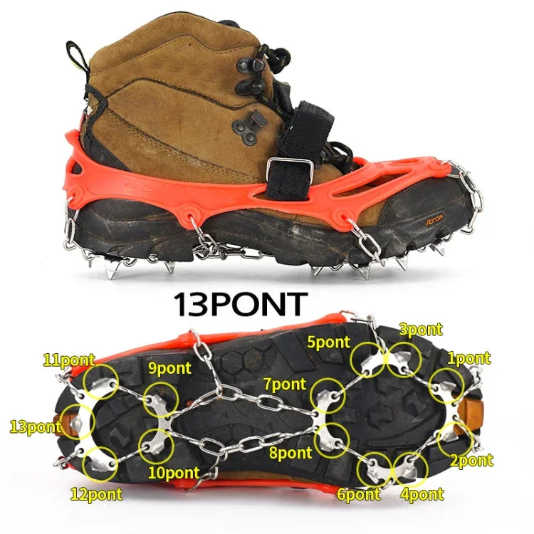 13 Teeth Outdoor Stainless Steel Mountaineering Climbing Crampons Trekking Non-Slip Shoe Covers, Size:, 13 Teeth M（Orange）