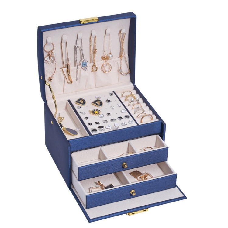 Three-Layer Leather Drawer Type Jewelry Storage Box Earrings Box With Lock, Three-Layer (Navy Blue), Three-Layer (Creamy White), Three-Layer (Dark Green)