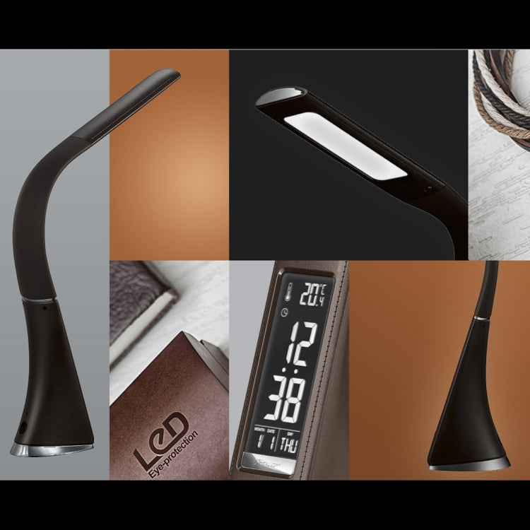 U2 5W 3-Level Dimmable LED Leather Texture Desk Lamp With Temperature/Clock/Calendar Display, Black