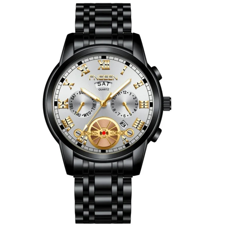 FNGEEN 4001 Men Non-Mechanical Watch Multi-Function Quartz Watch, Black Steel White Surface Gold Nails, Brown Leather Gold Black Surface