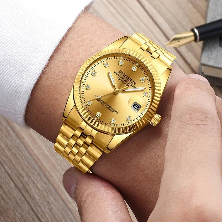 FNGEEN 7008 Men Fashion Diamond Dial Watch Couple Watch, Full Gold Gold Surface, Full Gold Black Surface, Full Gold White Surface, Golden Surface, Gold Black Sueface, Golden White Surface, Brown Leather Full Gold Surface                                ...