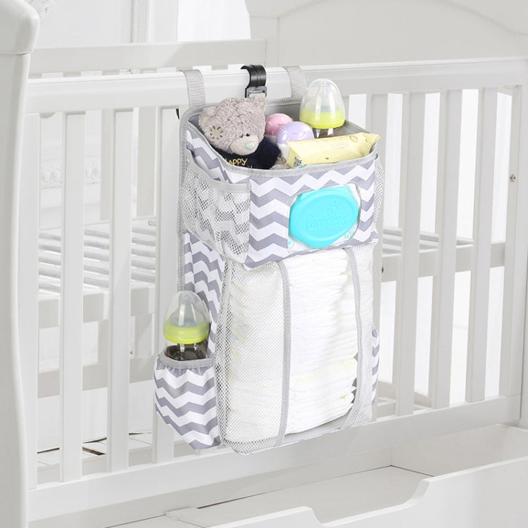 Baby Crib Hanging Bag Multifunctional Detachable Bed Diaper Toy Storage Bag, Gray Snow, Gray Stripe