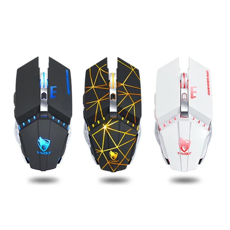 T-WOLF Q15 6-Buttons 1600 DPI Wireless Rechargeable Mute Office Gaming Mouse with 7 Color Breathing Light, Technology Black, Stars Black, Pearl White