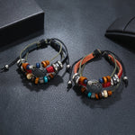 BX016 Retro Personality Leather Beaded Bracelet, Black Leather+Ancient Silver Accessories, Red Leather++Ancient Silver Accessories, White Leather+Bronze Accessories, Light Brown Leather+Bronze Accessories