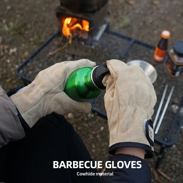 CLS Outdoor Cookout Barbecue Heat Resistant Protective Cowhide Gloves, Khaki, Silver Gray