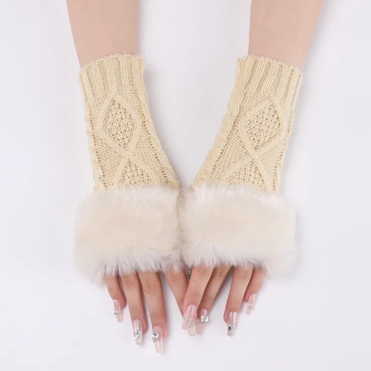 Ladies Short Type Furry Gloves Diamond Knit Warm Fingerless Arm Sleeves, Beige, Dark Gray, Light Grey, White, Black, Wine Red, Tibetan, Coffee, Khaki