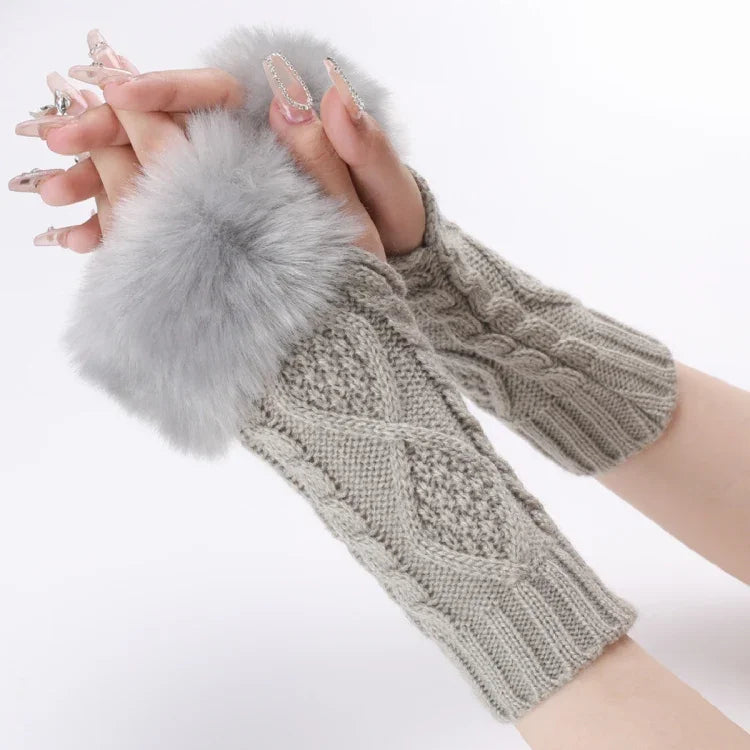 Ladies Short Type Furry Gloves Diamond Knit Warm Fingerless Arm Sleeves, Beige, Dark Gray, Light Grey, White, Black, Wine Red, Tibetan, Coffee, Khaki