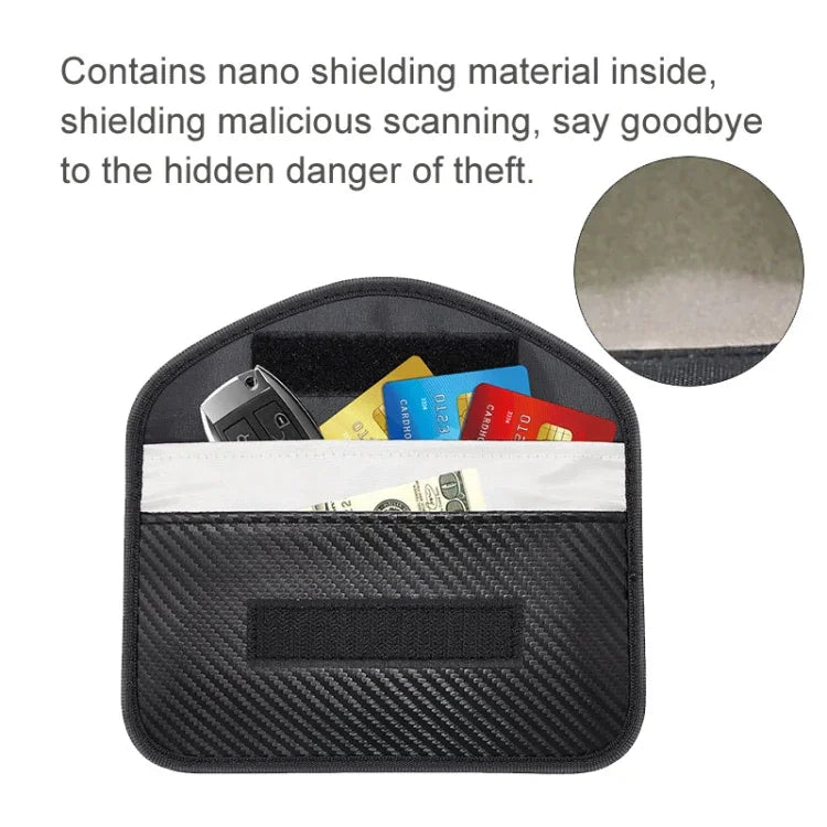 rfid anti-radiation phone bag showing nano shielding material, protecting against scanning and theft.