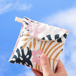 8pcs Cotton and Linen Sanitary Napkin Storage Bag Handy Clutch Bag, Black -bottomed White Tree, Gray Camel, Lucky Cat, Leaves, Blue Cat, Turtle