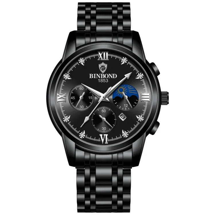 BINBOND B3591 30m Waterproof Luminous Calendar Men Watch, Black Steel-Black, Black Leather-White-Black, Brown Leather-White-White