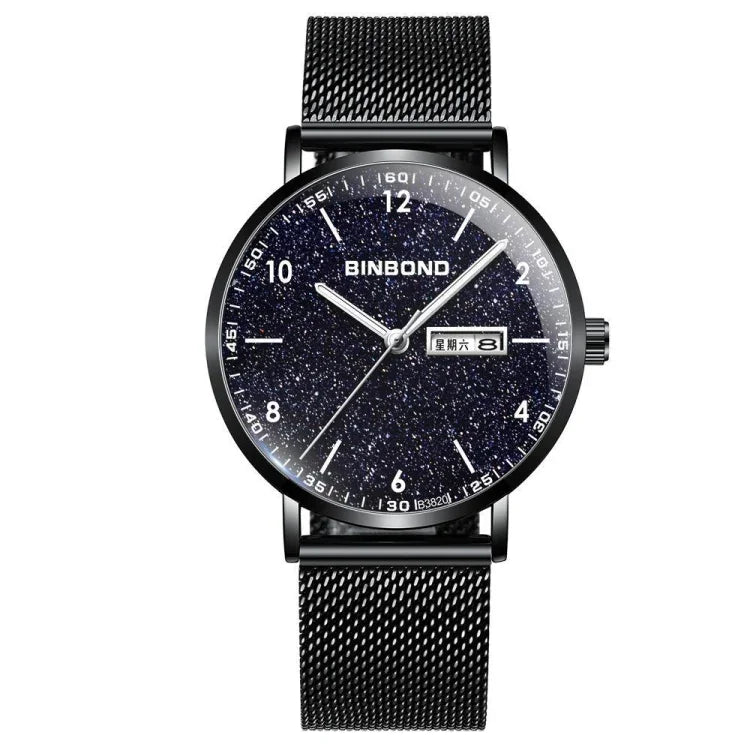 BINBOND B3820 30M Waterproof Ultra-thin Quartz Luminous Starry Watch, Black Net-Black-Starry