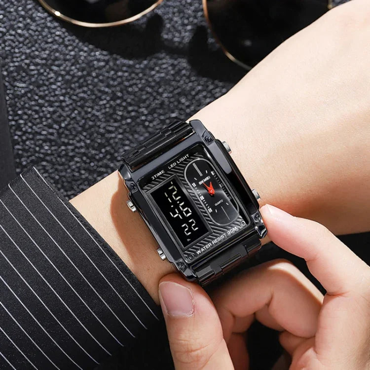 SKMEI 1868 Square Double Display Waterproof Men Watch, Style:, Steel Belt (Black), Leather Belt (Black), Steel Belt (Rose Gold), Leather Belt (Rose Gold), Steel Belt (Gold), Leather Belt (Gold), Steel Belt (Silver), Leather Belt (Silver)