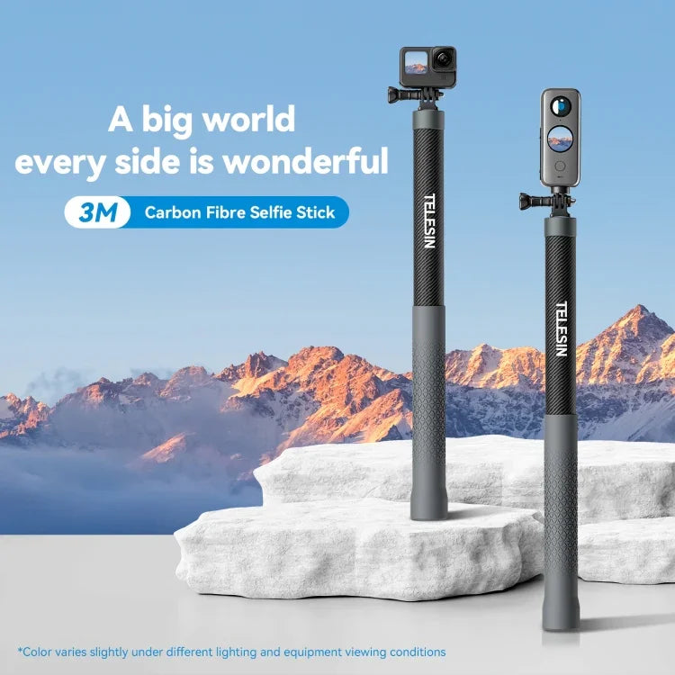 TELESIN 3M Carbon Fiber Selfie Stick Monopod  With 1/4 Screw For Action Camera, 3m