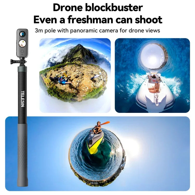 TELESIN 3M Carbon Fiber Selfie Stick Monopod  With 1/4 Screw For Action Camera, 3m