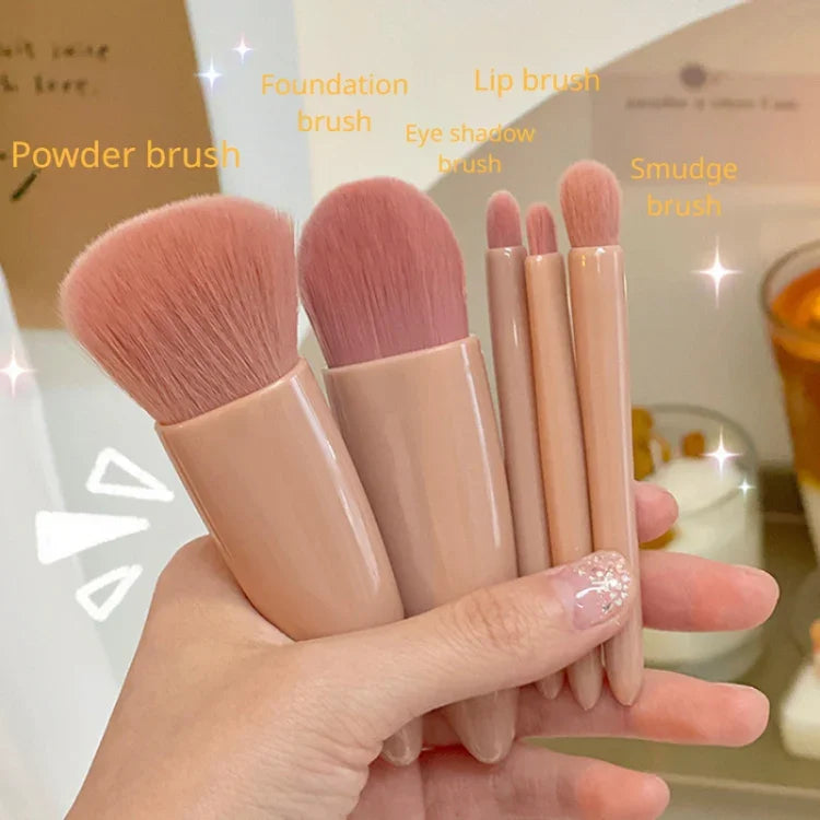5pcs/Set Medium Portable Makeup Brush Set With Mirror Mini Multifunctional Makeup Brush, Brown, Rose Red, Pink, Fluorescent Green