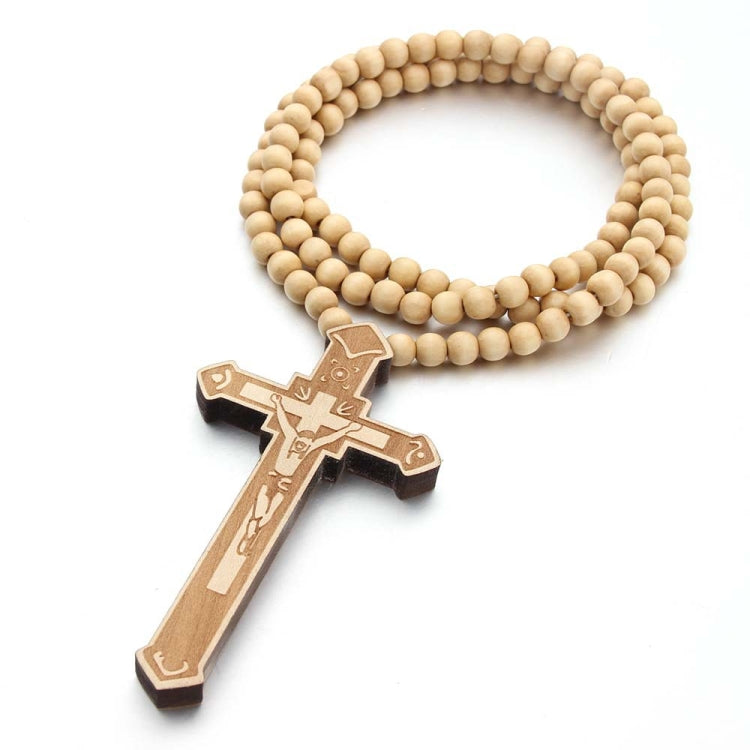 Cross Laser Engraved Wooden Bead Necklace, Red, Black, True Color, Brown