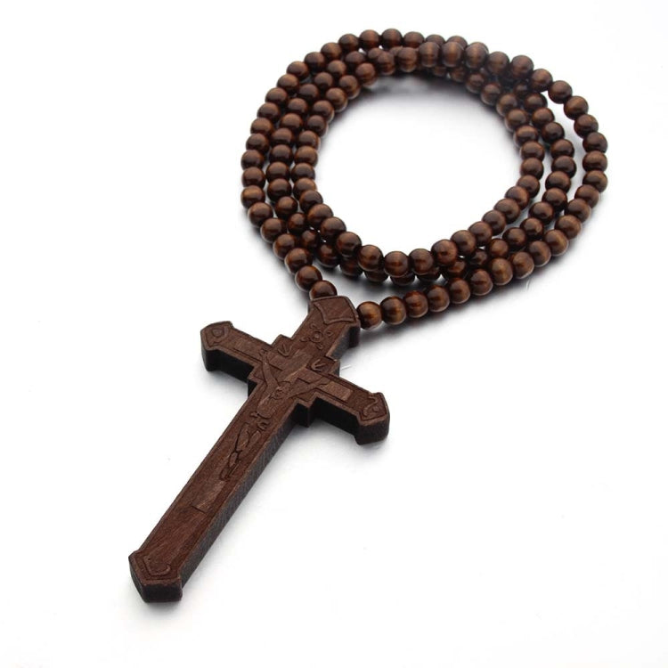 Cross Laser Engraved Wooden Bead Necklace, Red, Black, True Color, Brown
