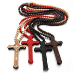Cross Laser Engraved Wooden Bead Necklace, Red, Black, True Color, Brown
