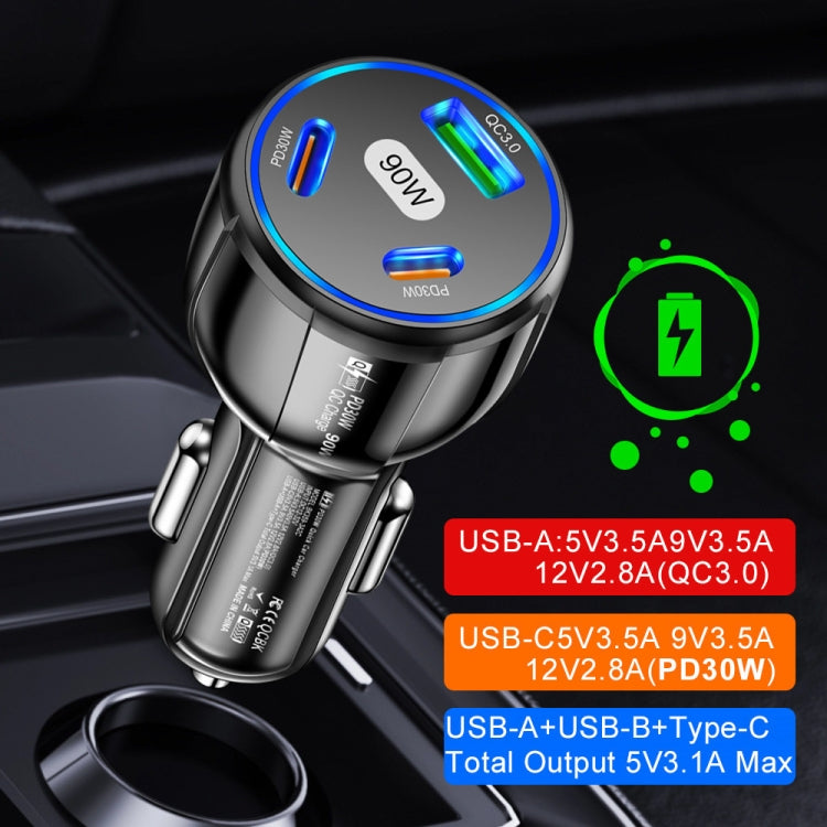 90W Super Fast Charging USB-C Car Charger Dual PD 30W+QC3.0 Charging Station, Black, White