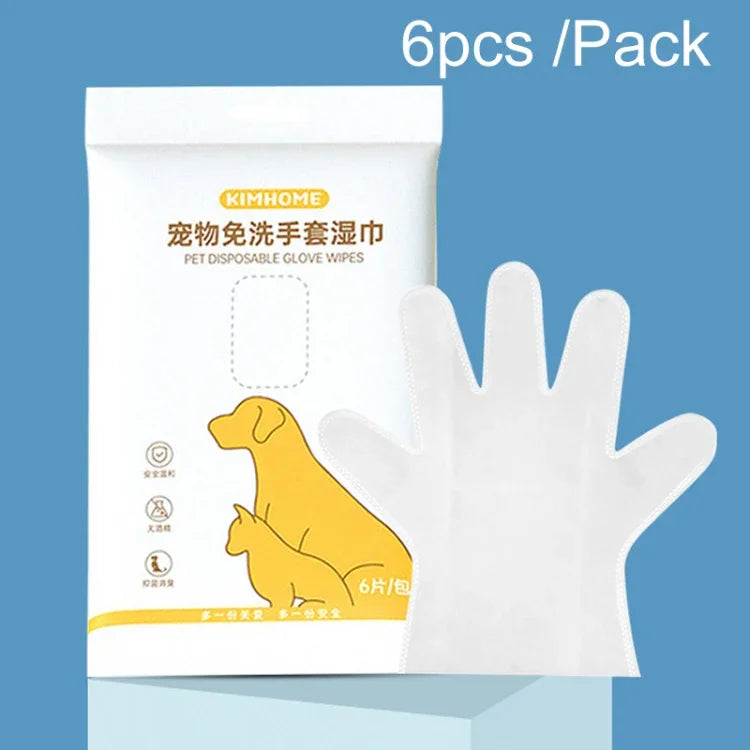 KIMHOME ペット用洗い不要グローブワイプ 犬猫用入浴消臭清掃ドライクリーニング用品、6枚入りパック