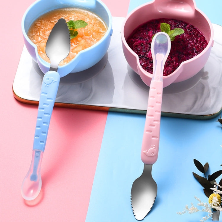 Baby Fruit Double-Ended Scraping Spoon 304 Stainless Steel Silicone Soft Spoon, Pink, Blue, Blue With Storage Box, Pink With Storage Box