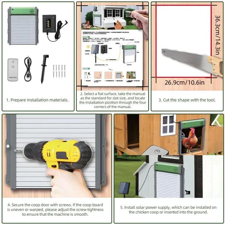 Solar Powered Automatic Chicken Coop Door 4 Modes Automatic Chicken Door with Remote Control, Solar