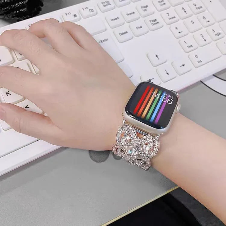 Petaled Metal Diamond Wristband Strap For Apple Watch Series 9 / 8 / 7 / 6 / SE / 5 / 4 / 3, 1215 Silver, 1202 Silver, 1215 Black, 1202 Black, 1215 Rose Gold, 1202 Rose Gold, 1202 Rose Gold Red, 1215 Gold