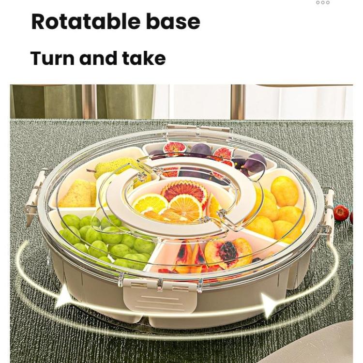 360-Degree Rotating 6-Compartment Snack Tray with Handle & Airtight Lid – Round Portable Food Storage Container for Fruits, Nuts, Candy, 6-Compartment