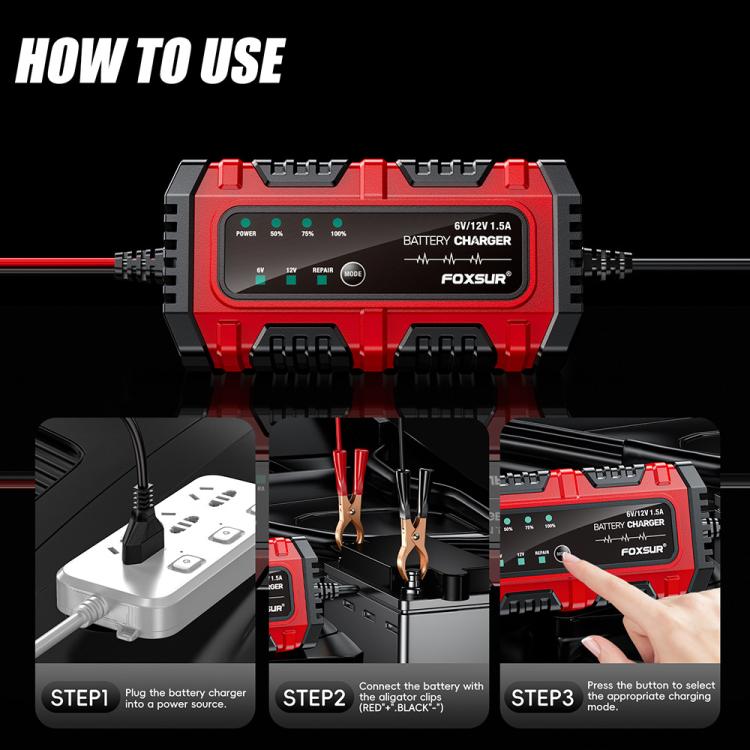 FOXSUR Smart 6V/12V 1.5A Battery Charger 4AH-30AH Lead Acid Battery Maintainer For Motorcycle/Car/ATV, EU Plug, US Plug, UK Plug