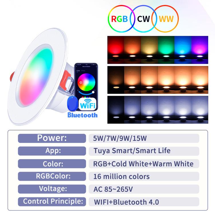 Compatible With Tuya WIFI & Bluetooth Recessed Ceiling Light RGB+CW+WW Dimmable LED Downlight, 5W 2.5inch, 7W 3.5inch