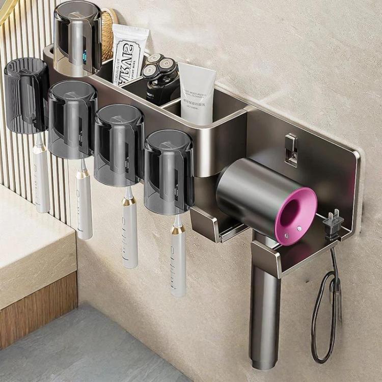 No-Drill 3-in-1 Bathroom Organizer Wall Mount Toothbrush & Hair Dryer Holder Integrated Shelf, 2Person-WithCup, 2Person-NoCup, 3Person-WithCup, 3Person-NoCup, 4Person-WithCup, 4Person-NoCup