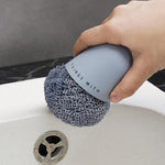 Polyester Cleaning Ball Household Handle Cleaning Brush Kitchen Short Handle Dishwashing Pot Brush, White, Blue, 4 Replacement Heads