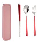 3pcs / Set Portable Stainless Steel Tableware Creative Set Chopsticks Spoon Fork Gift, Steel, Black, Pink, Red, Blue