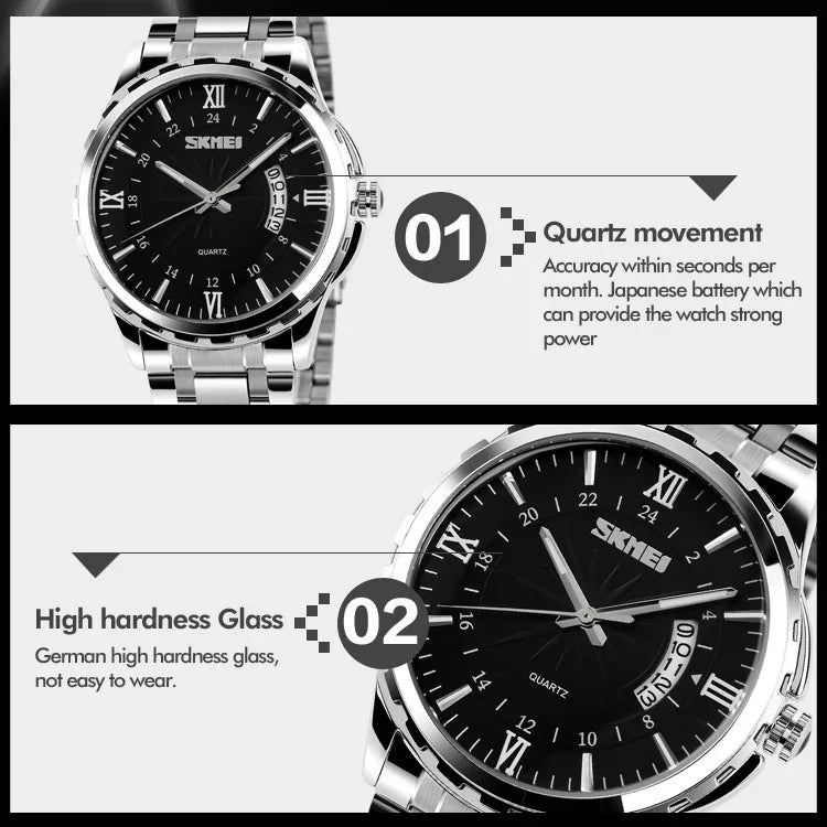 SKMEI 9069 Multifunctional Outdoor Fashion Business Waterproof Silver Shell Quartz Wrist Watch